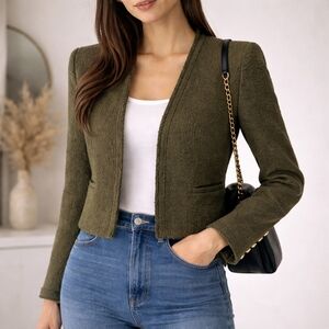 ZARA Olive Cropped Tweed Jacket Gold Button Sleeves 100% Cotton L